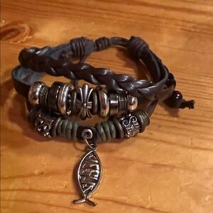 Source Unknown Men's Brown Leather Bracelet with Silver Charms